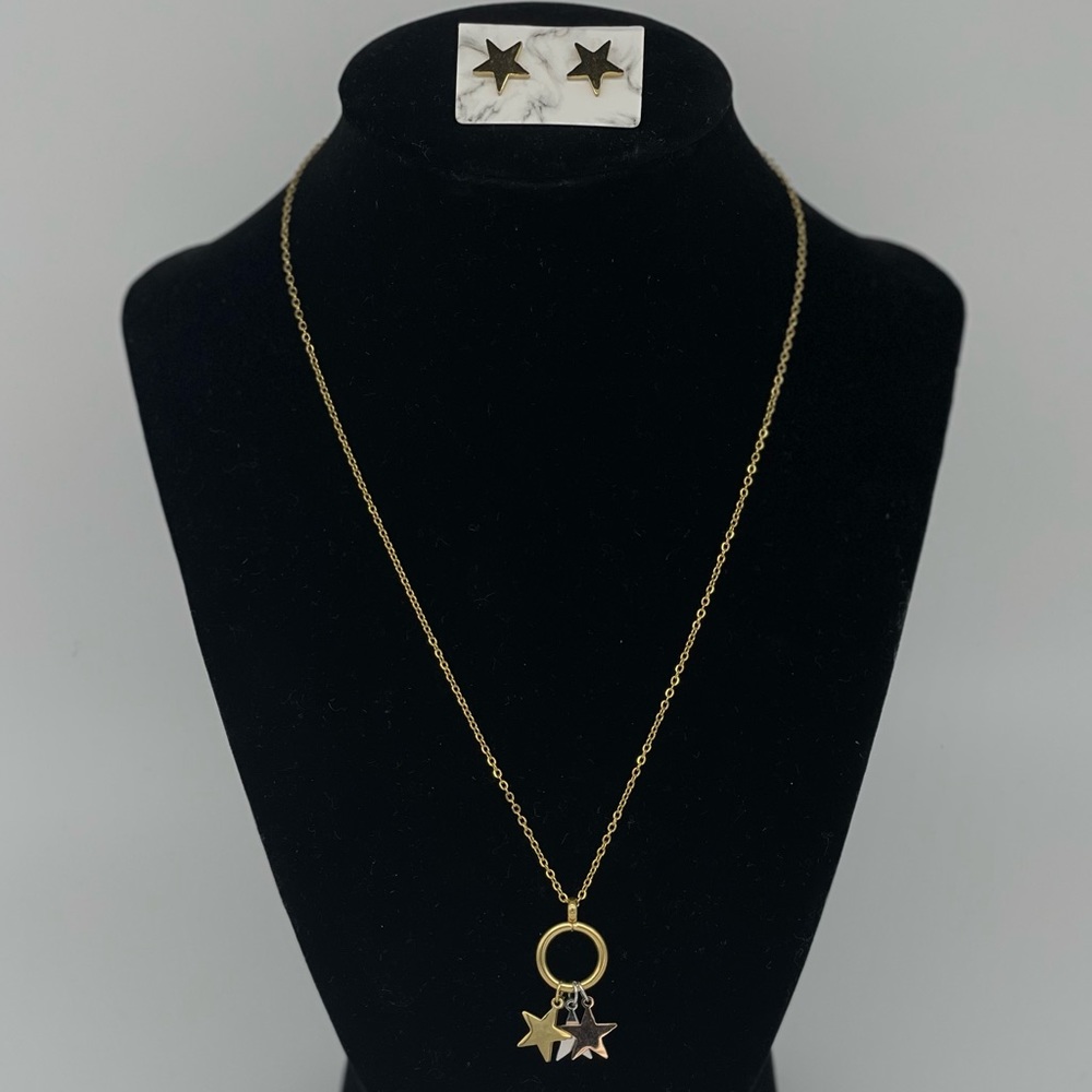 Stainless Steel Tri-color Star Necklace and Earrings Set Gold, Rose Gold, Silver